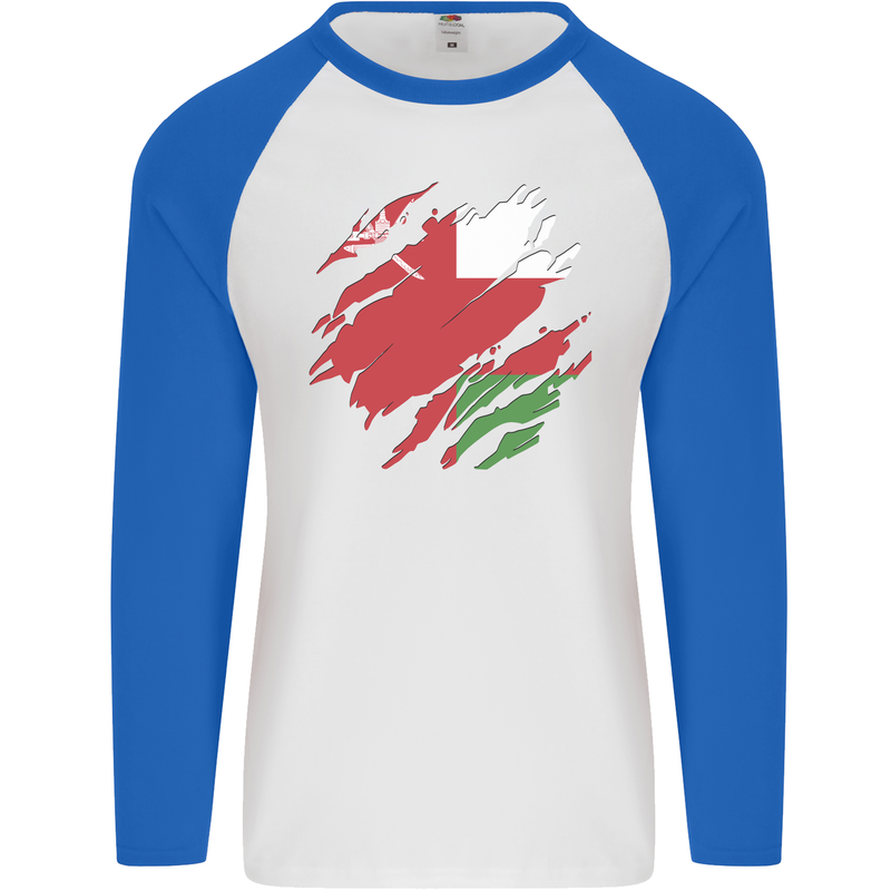 Torn Oman Flag Omani Day Football Mens L/S Baseball T-Shirt White/Royal Blue