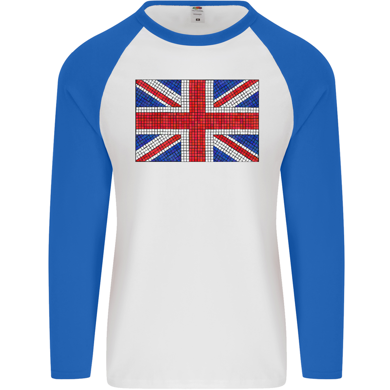 Mosaic Union Jack Flag Great Britain UK Mens L/S Baseball T-Shirt White/Royal Blue