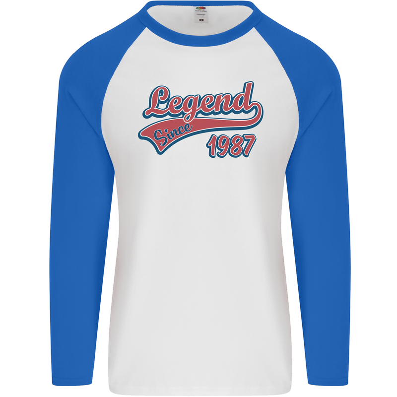 Legend Since 36th Birthday 1987 Mens L/S Baseball T-Shirt White/Royal Blue