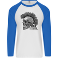 Rock n Roll Music School Skull Guitar Mens L/S Baseball T-Shirt White/Royal Blue