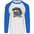 Rock n Roll Music School Skull Guitar Mens L/S Baseball T-Shirt White/Royal Blue