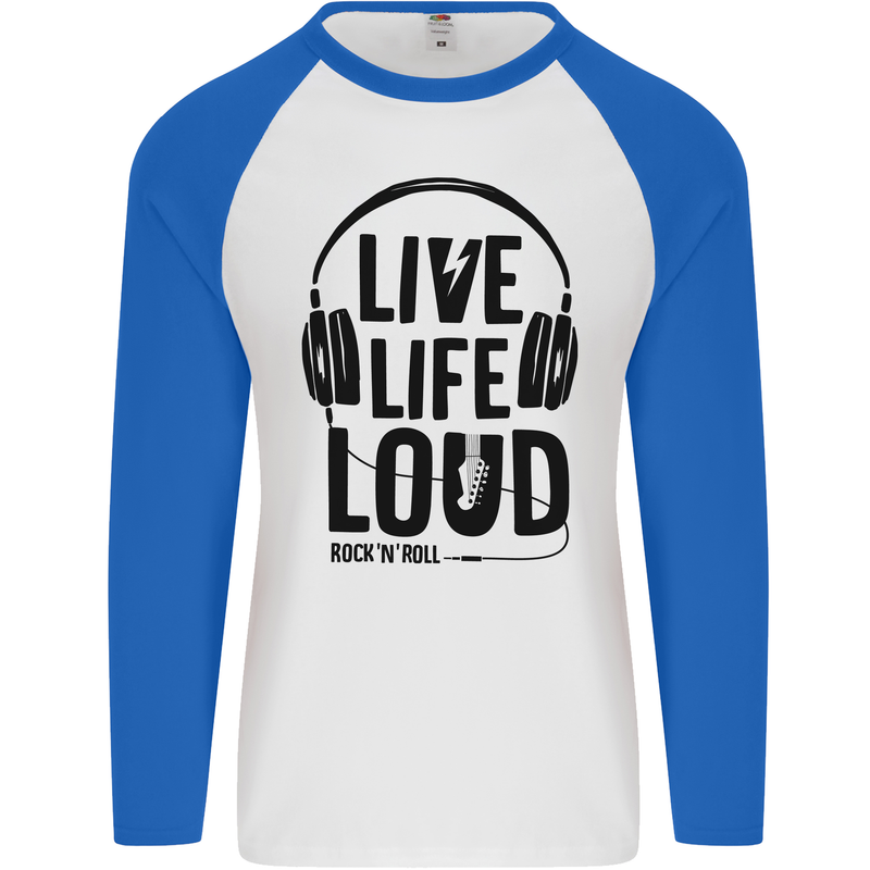 Live Life Loud Rock n Roll Guitar Music Mens L/S Baseball T-Shirt White/Royal Blue