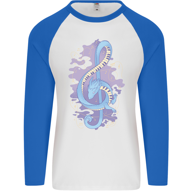 Musical Keyboard Dragon Mens L/S Baseball T-Shirt White/Royal Blue