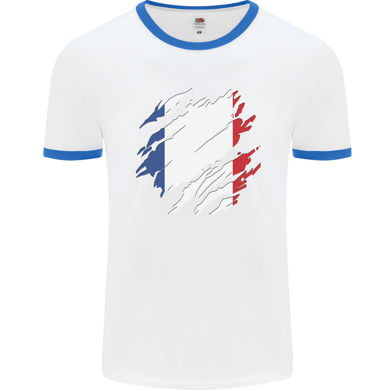 Torn France Flag French Day Football Mens Ringer T-Shirt White/Royal Blue