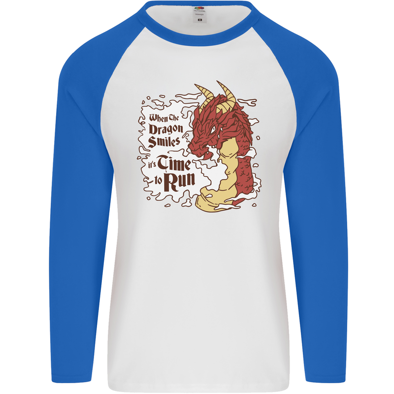 When a Dragon Smiles Fantasy RPG Mens L/S Baseball T-Shirt White/Royal Blue