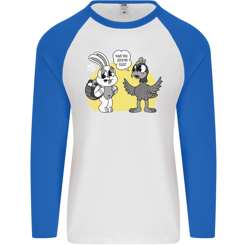 Easter Funny Chicken Eggs & Rabbit Mens L/S Baseball T-Shirt White/Royal Blue