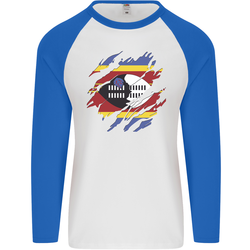 Torn Swaziland Flag Swazi Day Football Mens L/S Baseball T-Shirt White/Royal Blue