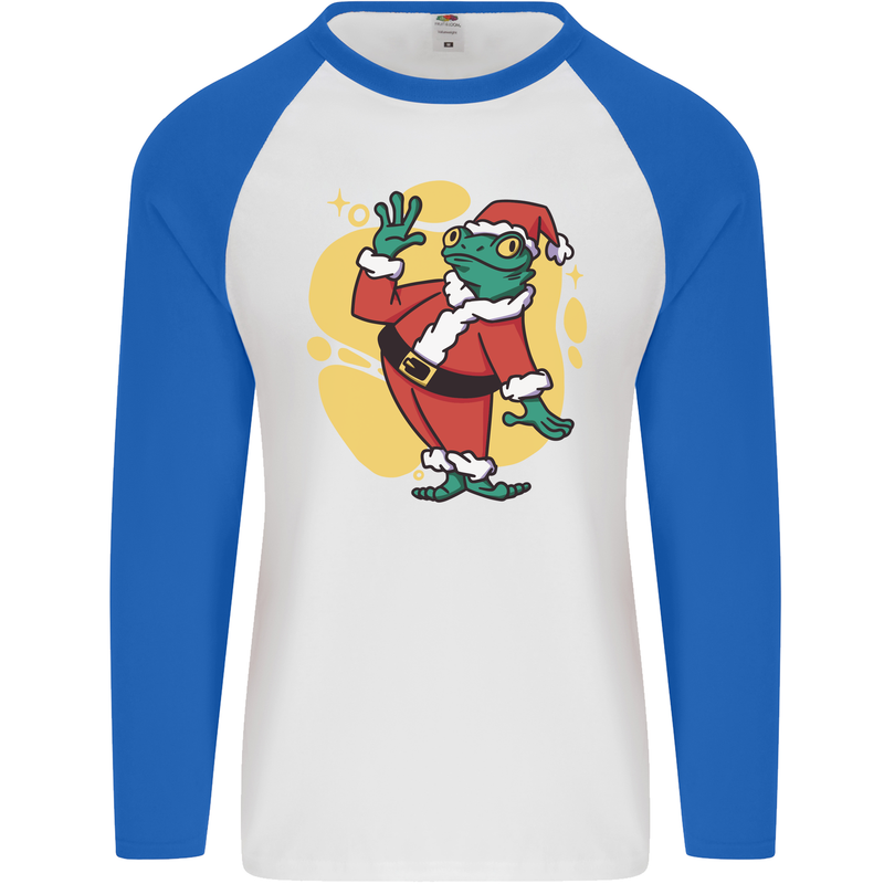 A Christmas Frog Dressed as Santa Claus Mens L/S Baseball T-Shirt White/Royal Blue