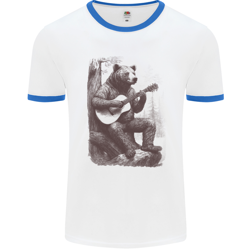 A Cool Bear Playing the Acoustic Guitar Mens Ringer T-Shirt White/Royal Blue