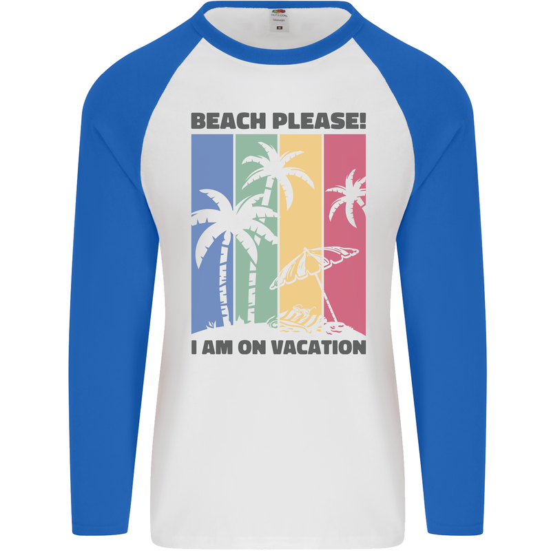 Beach Please Im on Vacation Funny Mens L/S Baseball T-Shirt White/Royal Blue