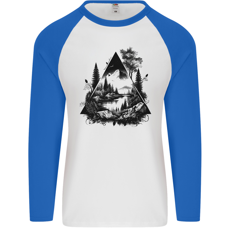 Abstract Outdoors Camping Bushcraft Hiking Trekking Mens L/S Baseball T-Shirt White/Royal Blue