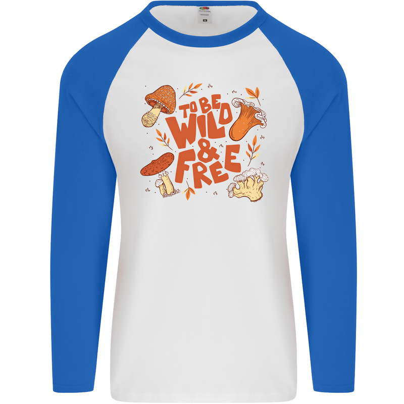 Wild & Free Mushroom Foraging Nature Mens L/S Baseball T-Shirt White/Royal Blue