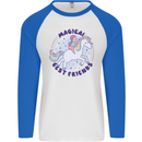 Magical Friends a Girl Riding a Unicorn Mens L/S Baseball T-Shirt White/Royal Blue