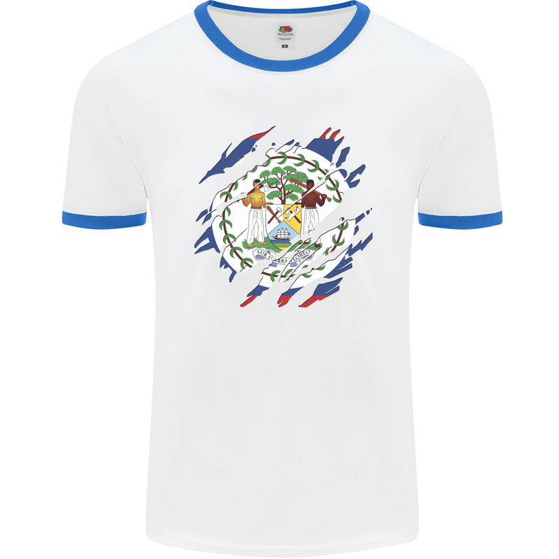 Torn Belize Flag Belizean Day Football Mens Ringer T-Shirt White/Royal Blue