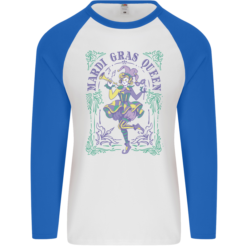 Mardi Gras Queen Mens L/S Baseball T-Shirt White/Royal Blue