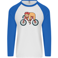 Cycling Sleeping Sloth Bicycle Cyclist Mens L/S Baseball T-Shirt White/Royal Blue