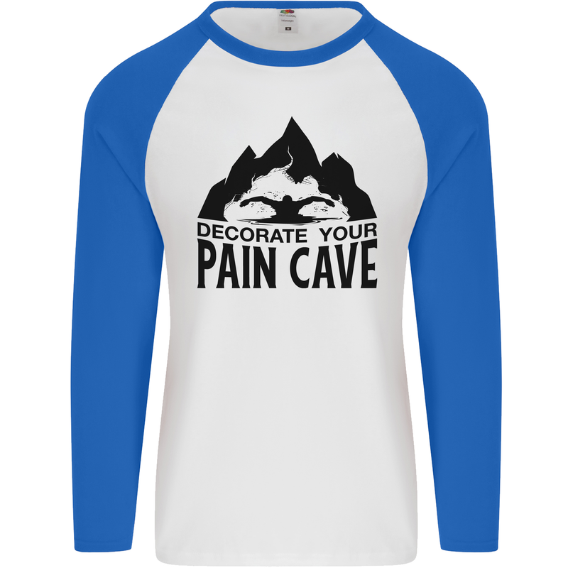 Swimming Pain Cave Swimmer Swim Mens L/S Baseball T-Shirt White/Royal Blue