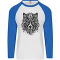 Mandala Tribal Wolf Tattoo Mens L/S Baseball T-Shirt White/Royal Blue