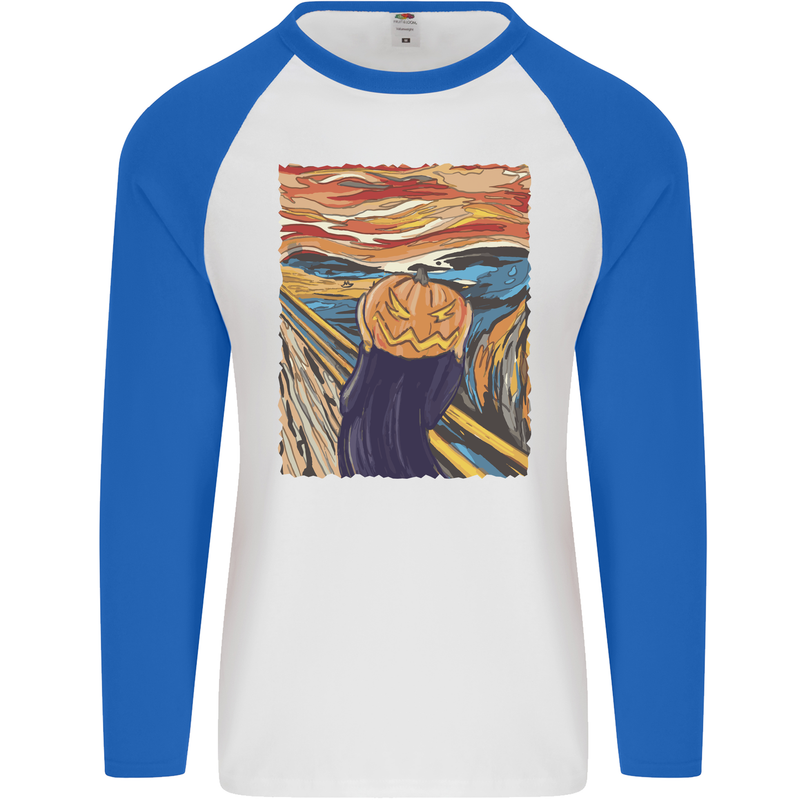 Pumpkin Scream Painting Halloween Mens L/S Baseball T-Shirt White/Royal Blue