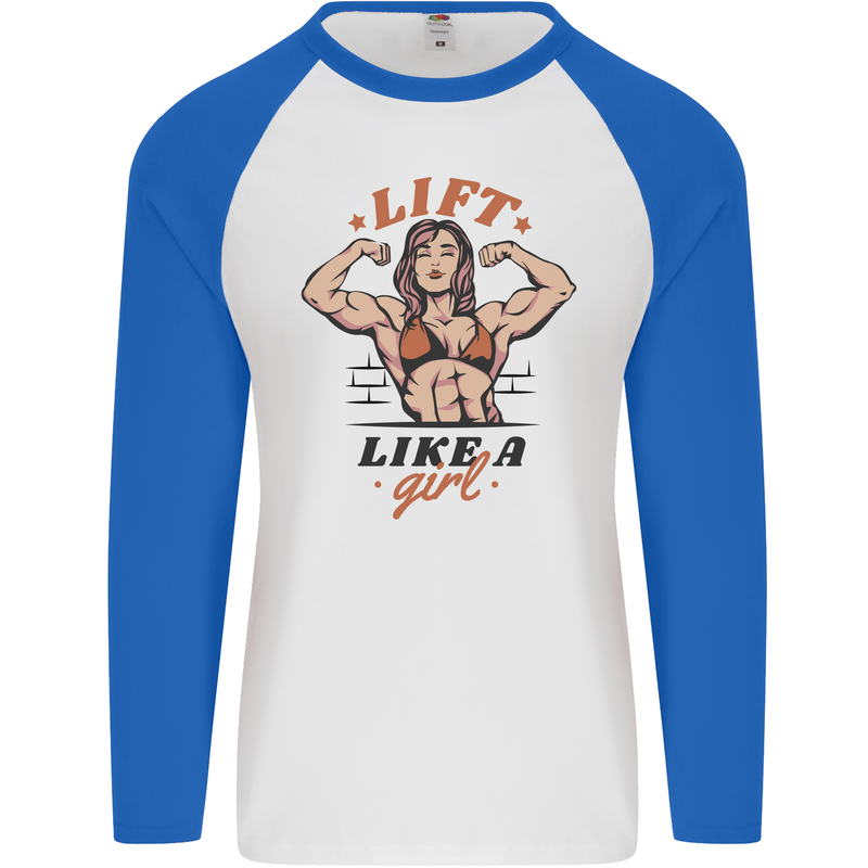 Lift Like a Girl Female Bodybuilding Mens L/S Baseball T-Shirt White/Royal Blue