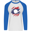 Torn Laos Flag Laotian Day Football Mens L/S Baseball T-Shirt White/Royal Blue