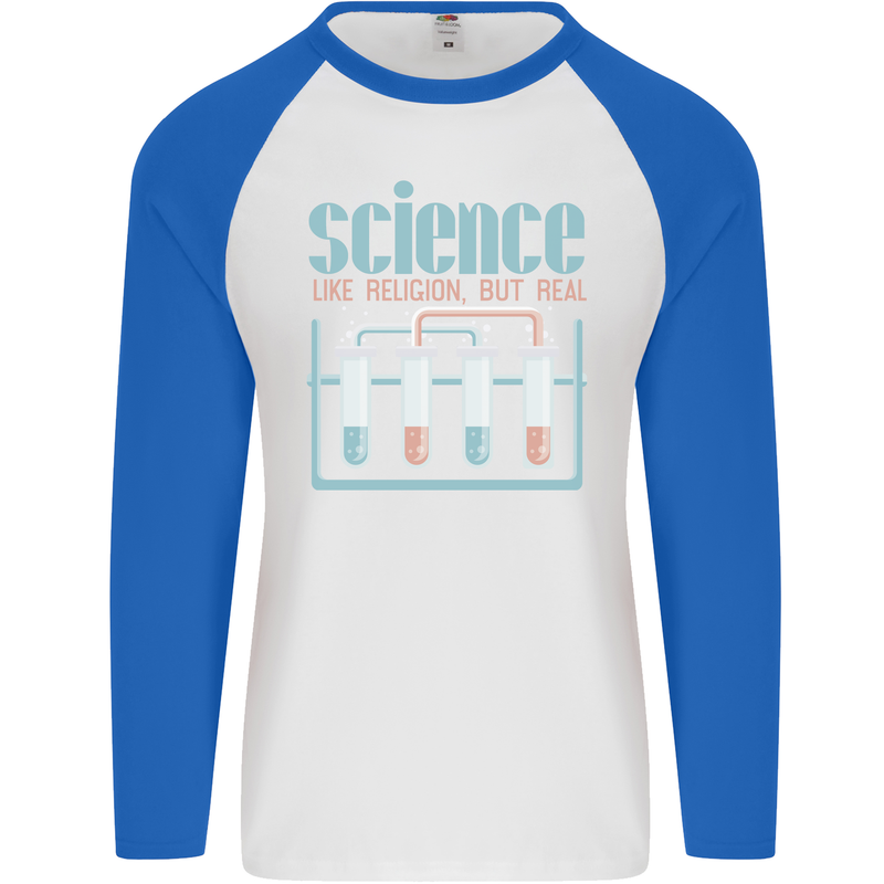 Science Like Religion Atheist Atheism Evolution Mens L/S Baseball T-Shirt White/Royal Blue