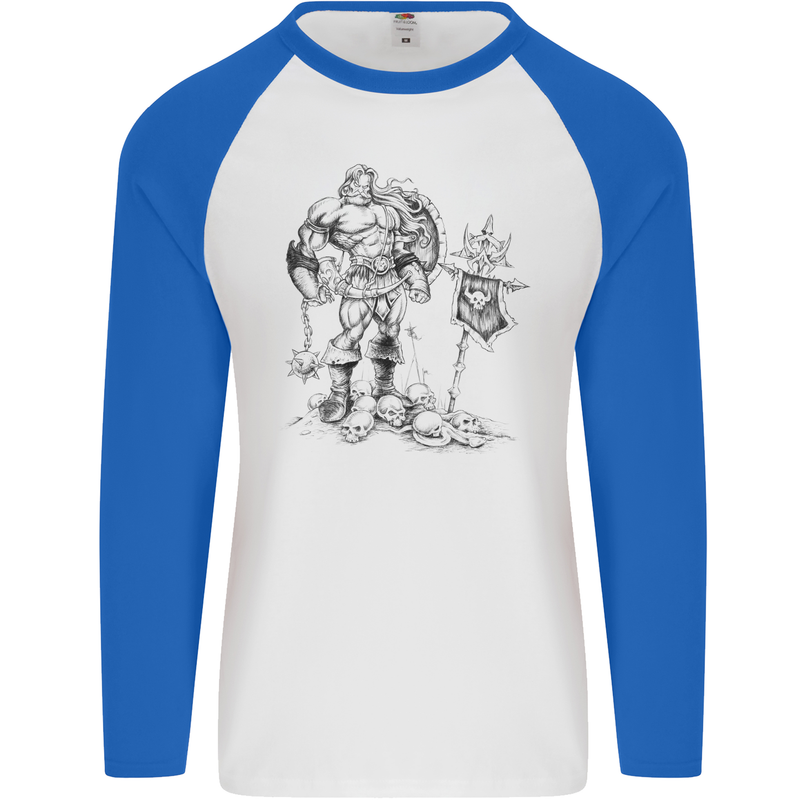 Viking Warior Skull Thor Odin Valhalla MMA Mens L/S Baseball T-Shirt White/Royal Blue