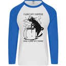 Black Cat Halloween Funny Coffee Mens L/S Baseball T-Shirt White/Royal Blue