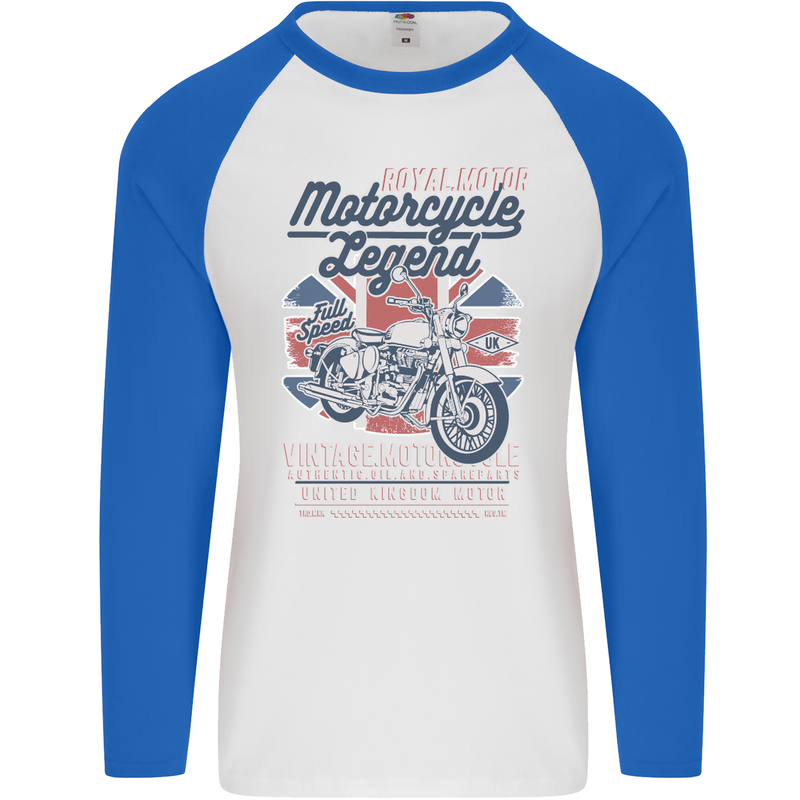 Motorcycle Legend Biker Union Jack British Mens L/S Baseball T-Shirt White/Royal Blue