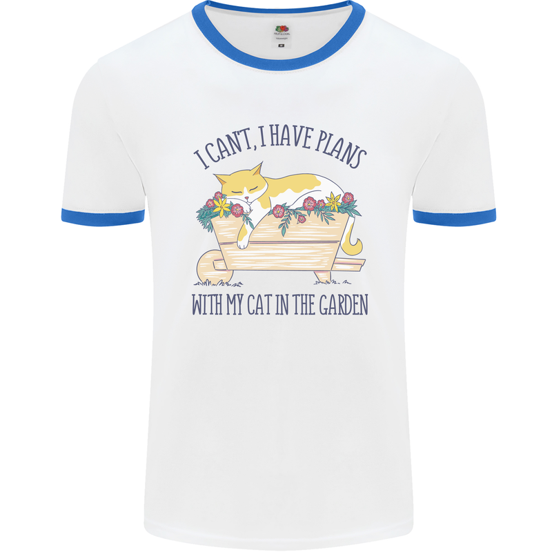 Plans With My Cat in the Garden Gardener Mens Ringer T-Shirt White/Royal Blue