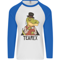 TeaRex Funny T-Rex Dinosaur Tea Drinker Mens L/S Baseball T-Shirt White/Royal Blue