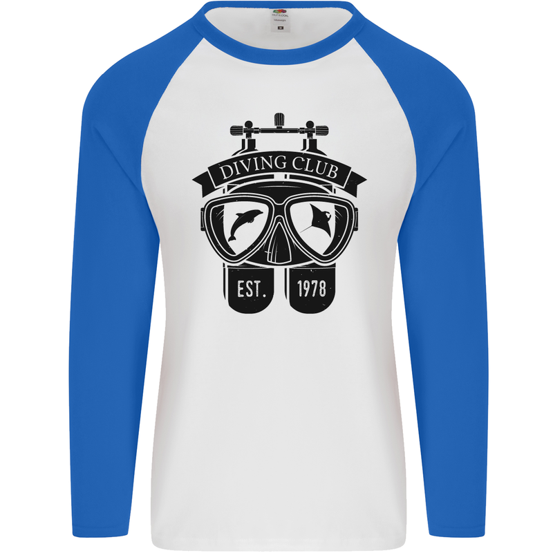 Scuba Diving Club Diver Deep Sea Wreck Mens L/S Baseball T-Shirt White/Royal Blue