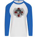 England Bodybuilding Flag Gym Training English Mens L/S Baseball T-Shirt White/Royal Blue