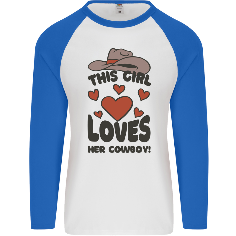 This Girl Loves Her Cowboy Mens L/S Baseball T-Shirt White/Royal Blue