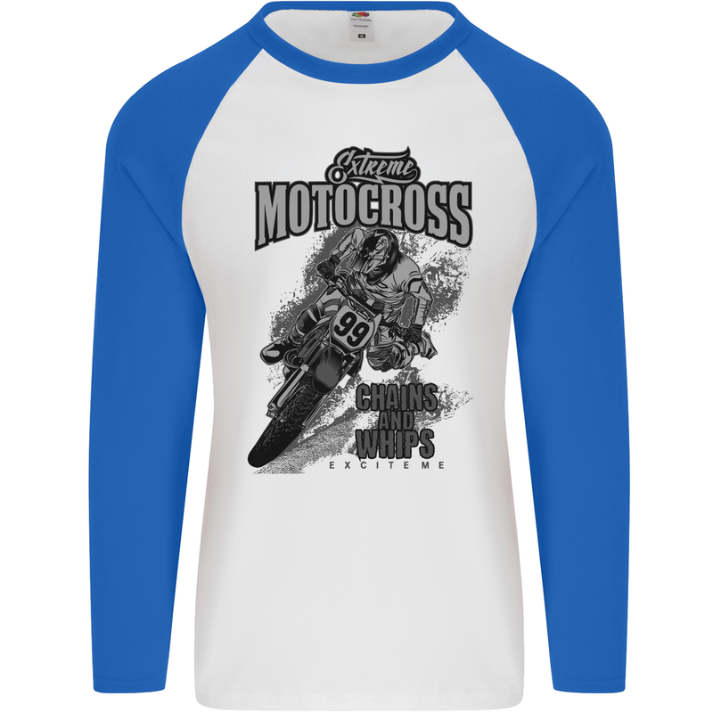 Extreme Motocross Dirt Bike MotoX Motosport Mens L/S Baseball T-Shirt White/Royal Blue