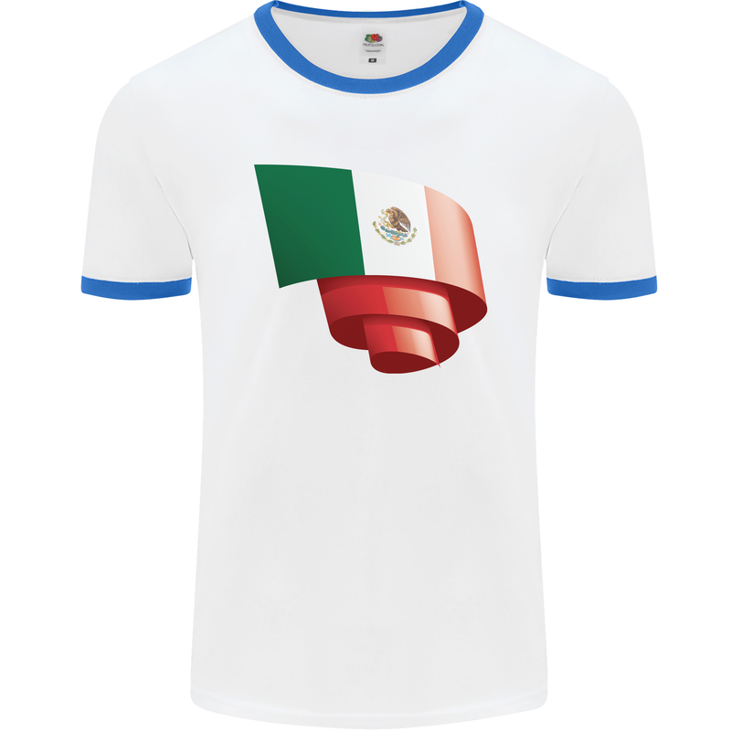 Curled Mexico Flag Mexican Day Football Mens Ringer T-Shirt White/Royal Blue