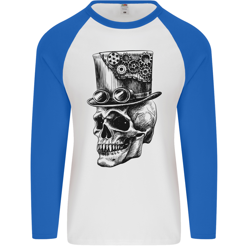 Steampunk Skull With Top Hat Mens L/S Baseball T-Shirt White/Royal Blue