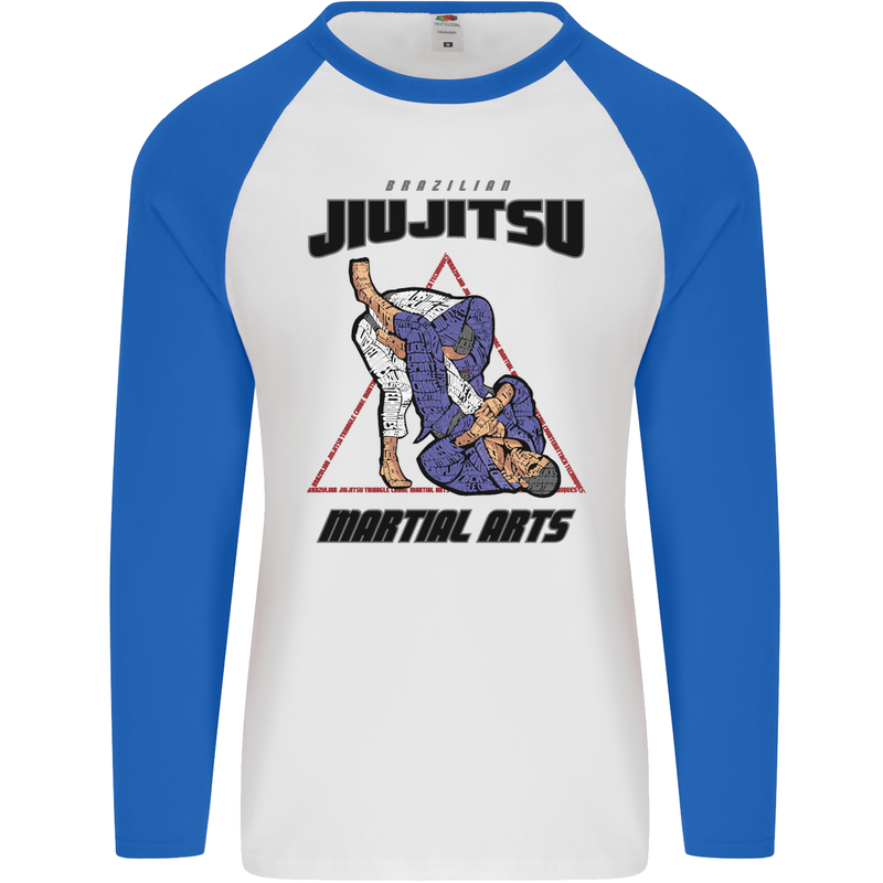 Jiu jitsu Word Cloud MMA Mixed Martial Arts Mens L/S Baseball T-Shirt White/Royal Blue