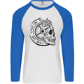 No Pain No Gain Devil Skull Gym Training Mens L/S Baseball T-Shirt White/Royal Blue