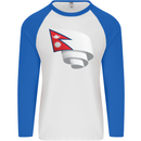 Curled Nepal Flag Nepalese Day Football Mens L/S Baseball T-Shirt White/Royal Blue