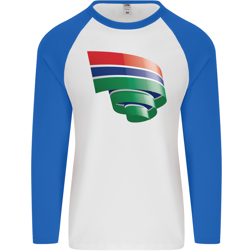 Curled Gambia Flag Gambian Day Football Mens L/S Baseball T-Shirt White/Royal Blue