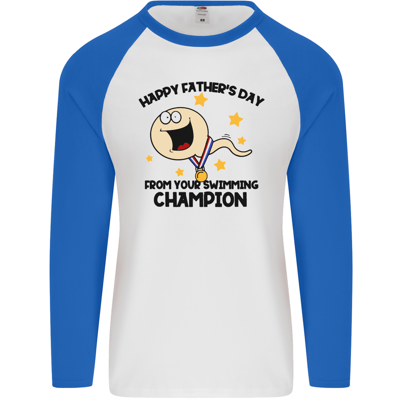 Swimming Champion Funny Fathers Day Dad Mens L/S Baseball T-Shirt White/Royal Blue