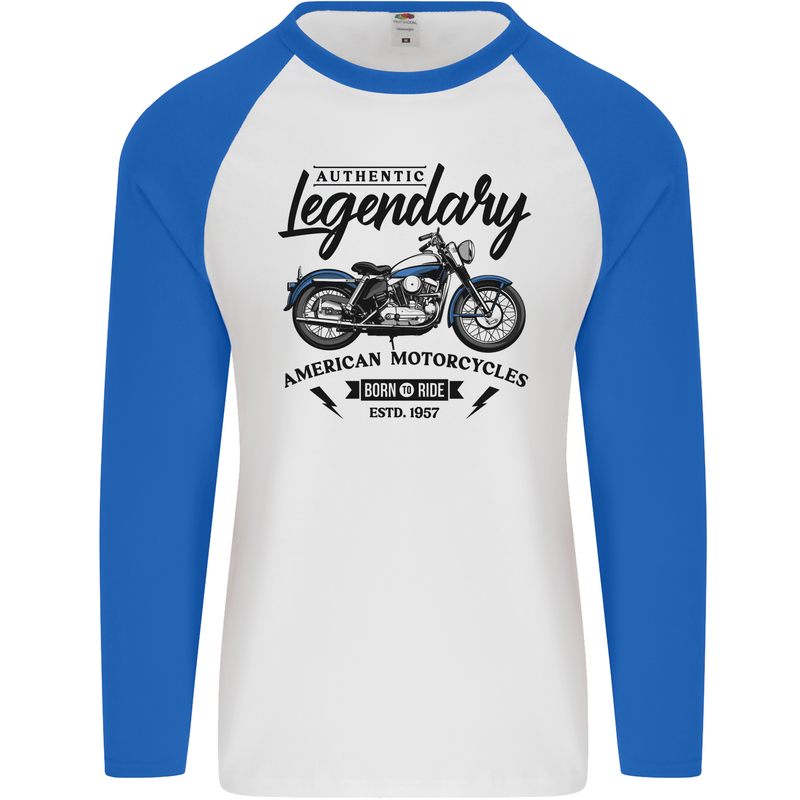 Legendary Motorcycles Biker Cafe Racer Mens L/S Baseball T-Shirt White/Royal Blue