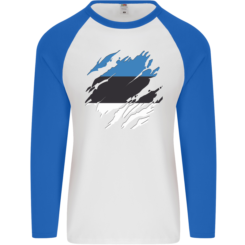 Torn Estonia Flag Estonian Day Football Mens L/S Baseball T-Shirt White/Royal Blue