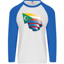 Curled Comoros Flag Comorian Day Football Mens L/S Baseball T-Shirt White/Royal Blue