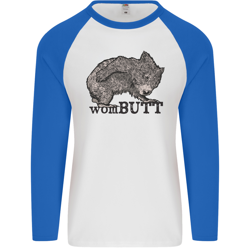 Wombutt Funny Wombat Mens L/S Baseball T-Shirt White/Royal Blue