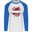 Torn Latvia Flag Latvian Day Football Mens L/S Baseball T-Shirt White/Royal Blue
