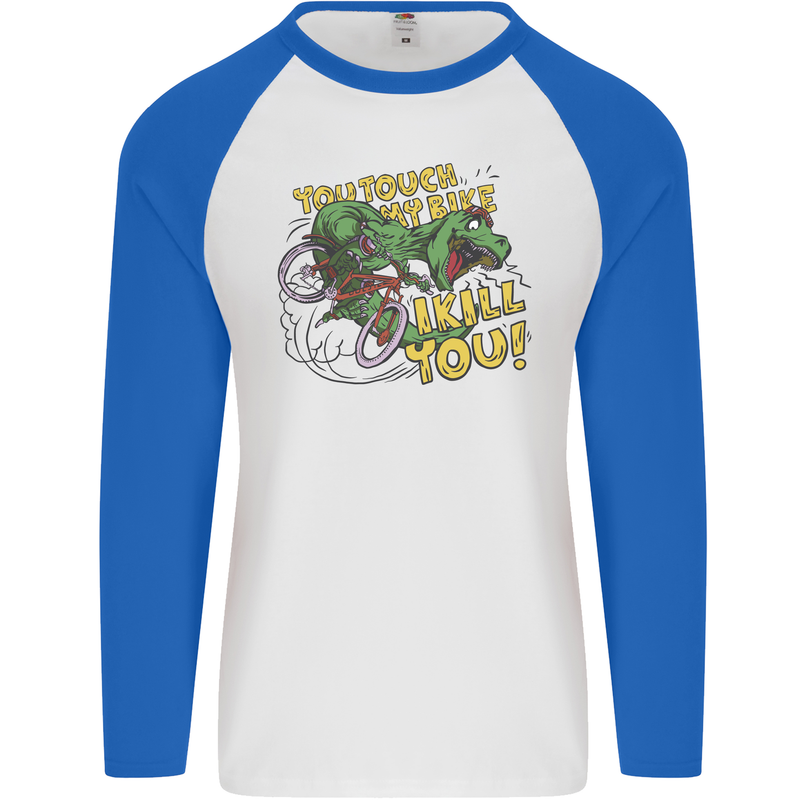 T-Rex Dinosaur Funny Cycling Cyclist Mens L/S Baseball T-Shirt White/Royal Blue