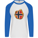 The Norwegian Flag Fire Effect Norway Mens L/S Baseball T-Shirt White/Royal Blue