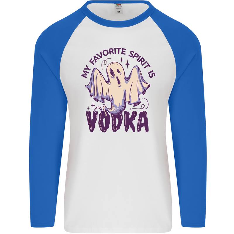 Funny Halloween Alcohol Vodka Spirit Ghost Mens L/S Baseball T-Shirt White/Royal Blue